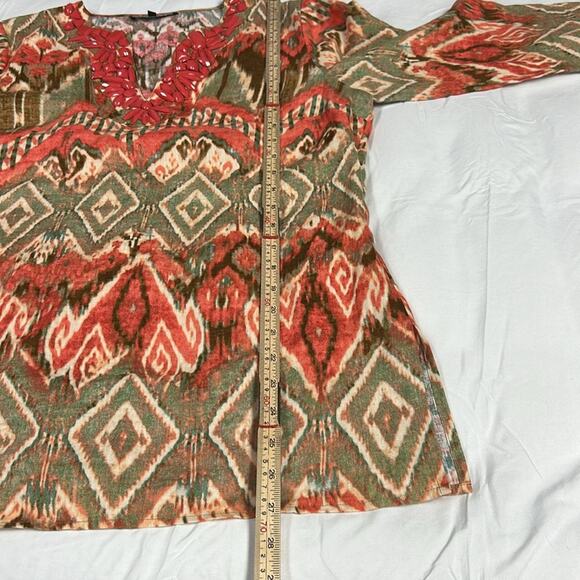 JONES NEW YORK Size Medium 100% Linen Embellished Yoke Tunic Ikat Loden Artsy - Picture 4 of 10